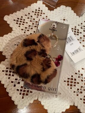 Madden Girl Leopard Faux Fur Pom Pom Keychain with Red Cherry Accents